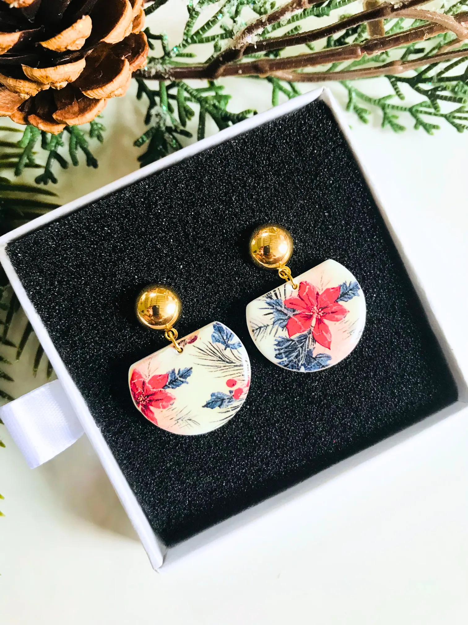 Poinsettia Printed Earrings 4 Poinsettia Printed gold post Earring 1