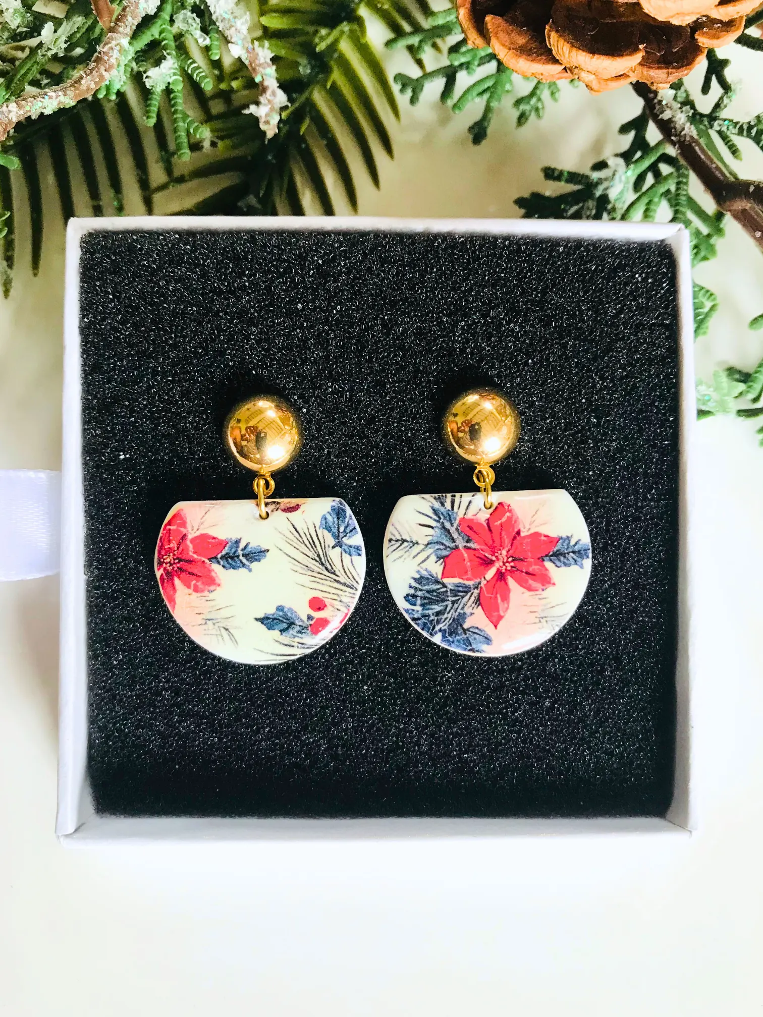 Poinsettia Printed Earrings 3 Poinsettia Printed gold post Earring 2