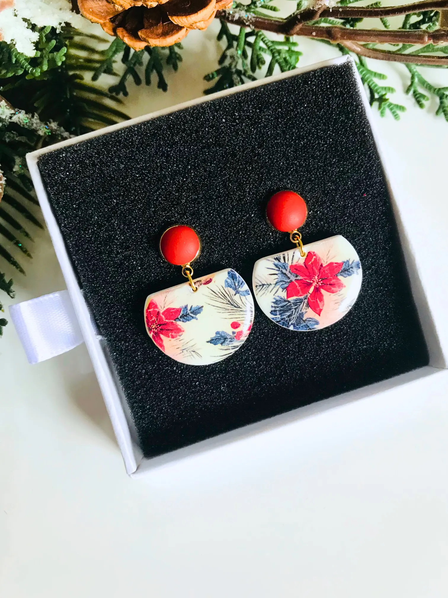 Poinsettia Printed Earrings 6 Poinsettia Printed red post Earring 4