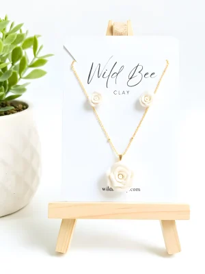 White Rose Jewellery Set- Gold Beaded Necklace